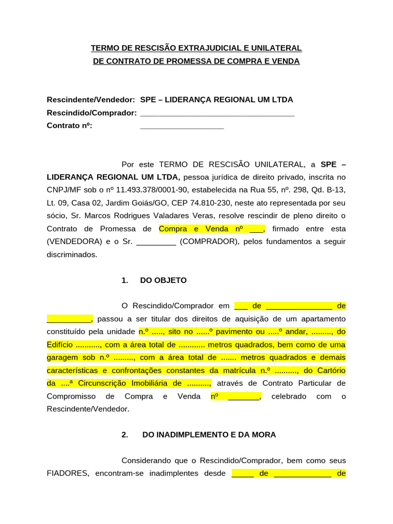 Rescisão Unilateral de Contrato Imobiliário | PDF | Conceitos jurídicos ...