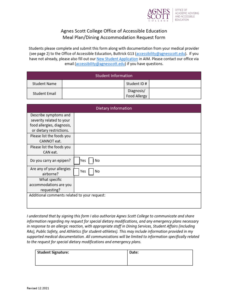 Dining Accommodation Request Form | PDF | Medical Diagnosis | Allergy