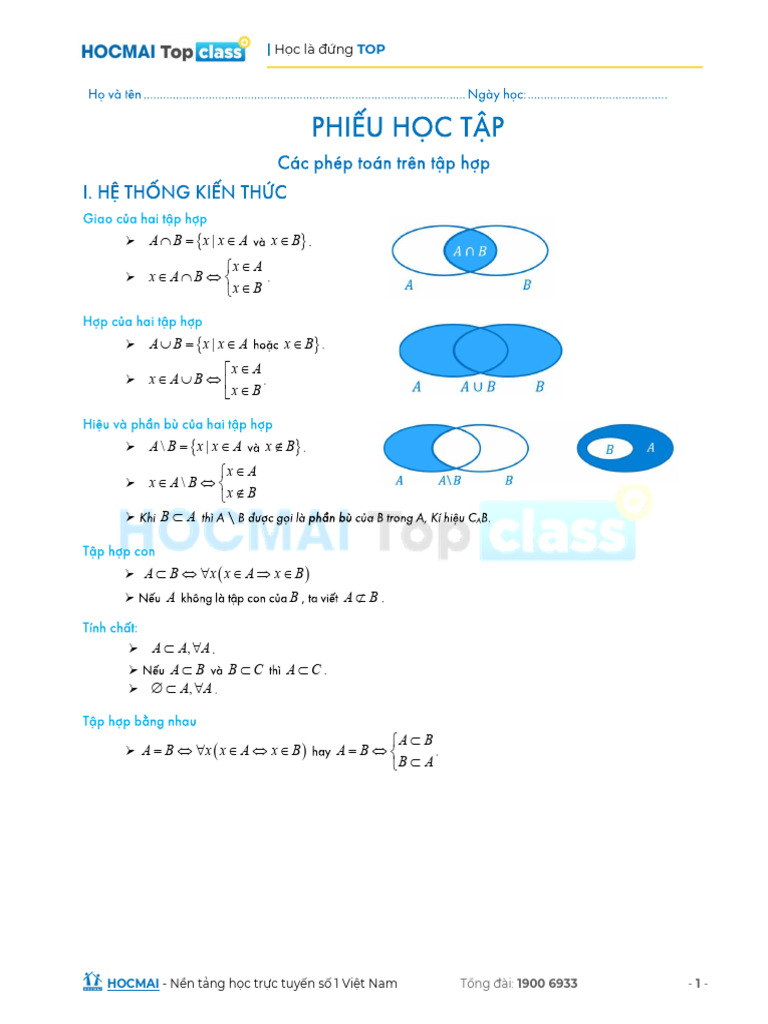 Topclass Phieu Hoc Tap B2 Cac Phep Toan Tren Tap Hop A1 | PDF