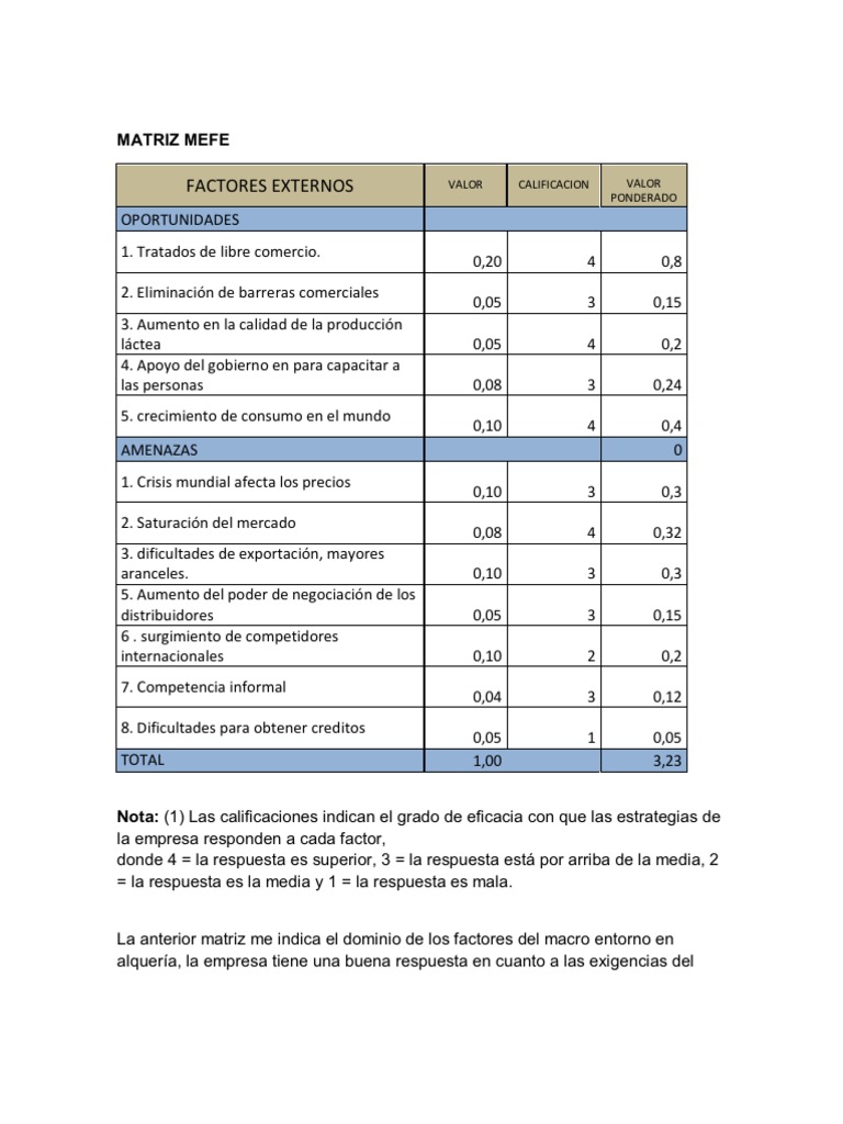 Ejemplo de Matriz MEFI y MEFE | PDF