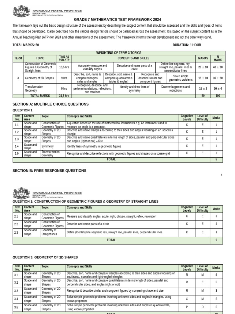 Grade 7 Math Test Framework 2024 | PDF | Shape | Geometry