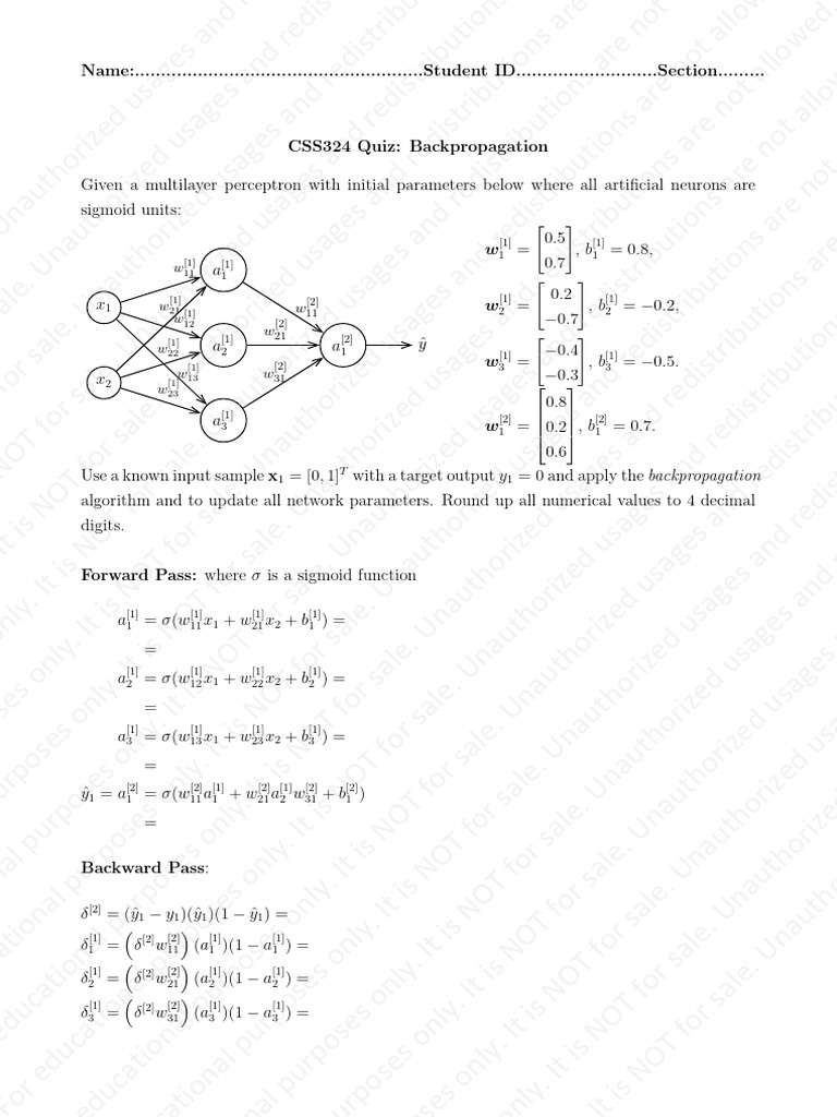CSS324F24 Quiz Backpropagation v1 Watermarked | PDF