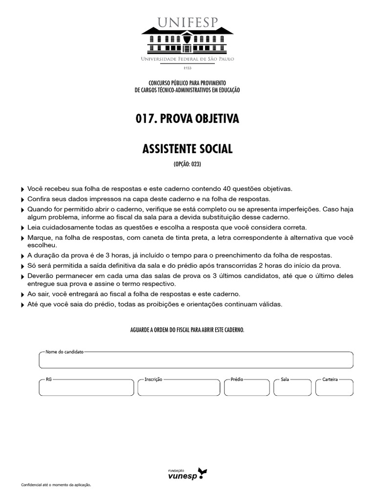 Prova Objetiva: Assistente Social 017 | PDF | Trabalho social | Sociologia
