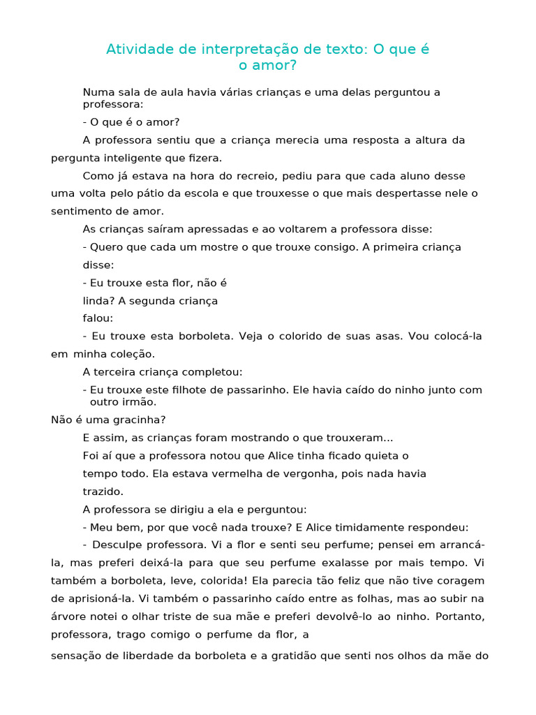 Conto - O que é o amor - Interpretação de Texto (6) | PDF | Amor