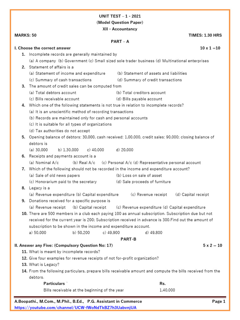12th Accountancy Unit Test 1 Paper | PDF | Economies | Money