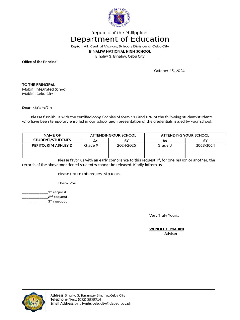 Student Records Request from Binaliw NHS | PDF