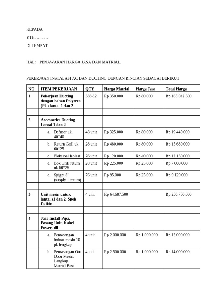 Penawaran Harga Instalasi AC dan Ducting | PDF