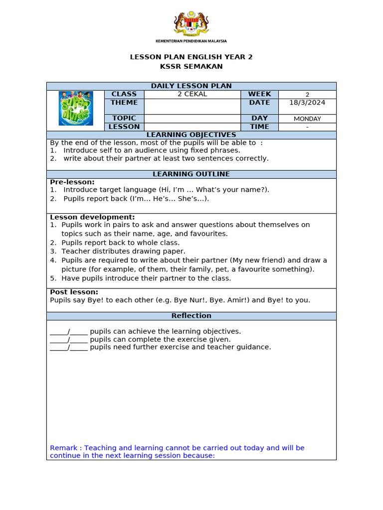 Year 2 English Lesson Plan: Self-Introduction | PDF