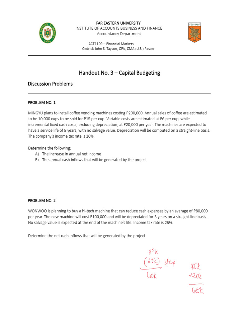 Handout No 3 Capital Budgeting Pdf Net Present Value Depreciation