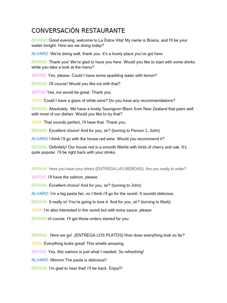 Restaurant Conversation Script | PDF | Wine | Foods