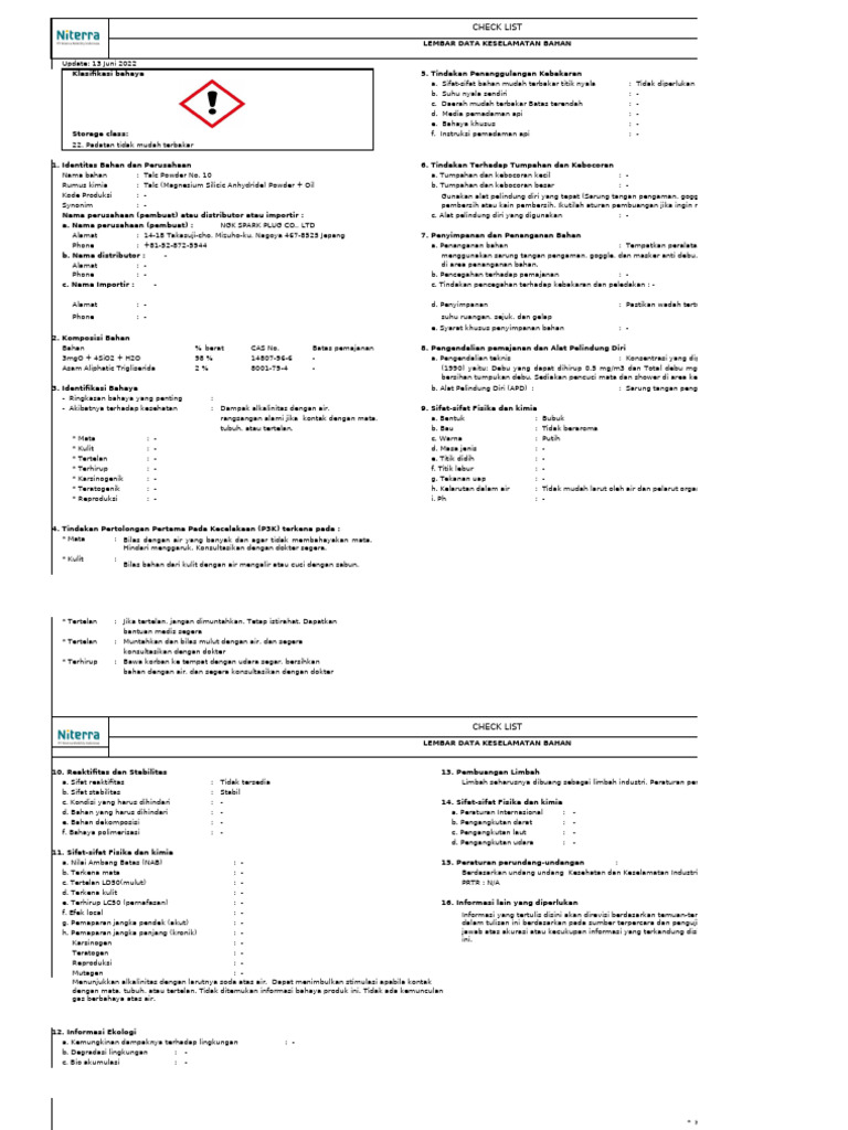 Data Keselamatan Talc Powder No. 10 | PDF