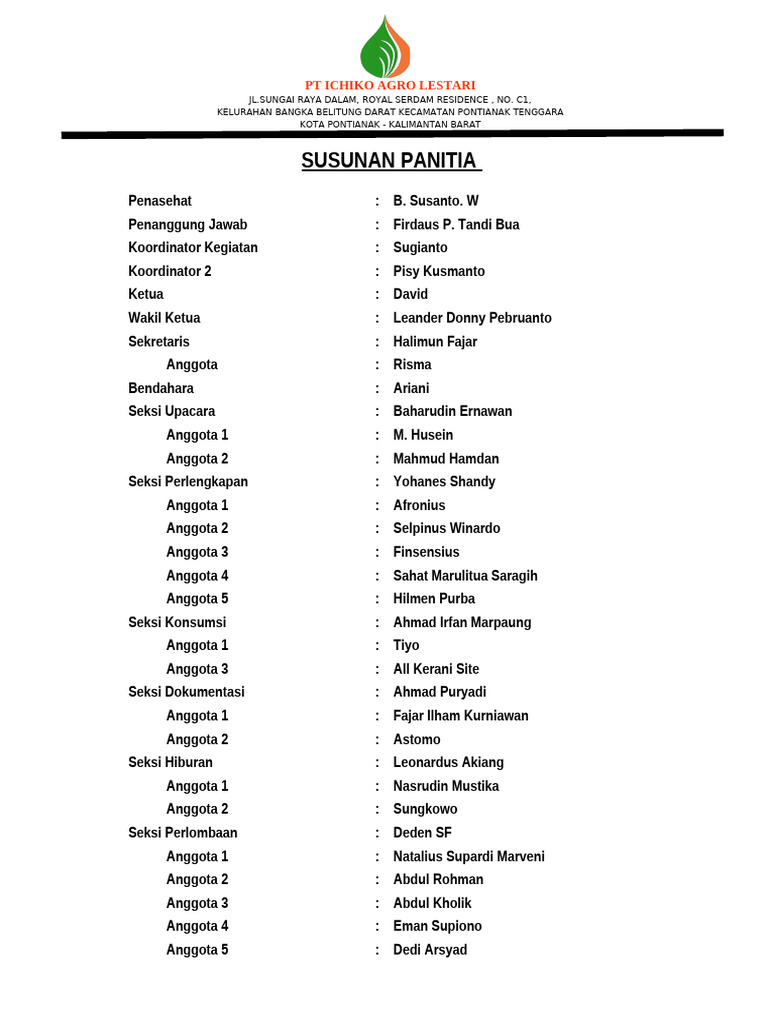 Susunan Panitia HUT PT Ichiko Agro Lestari | PDF