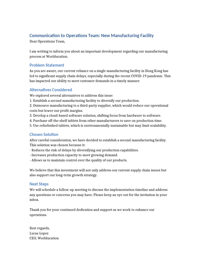 New Manufacturing Facility Plan | PDF
