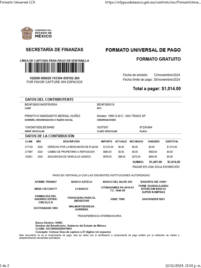 Pago de Derechos Vehiculares 2024 | PDF | Dinero | Bancos