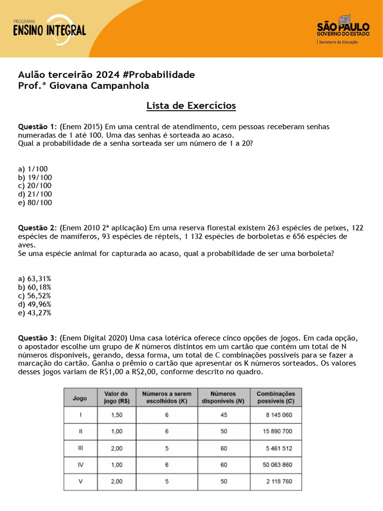 Exercícios de Probabilidade para Enem 2024 | PDF | Probabilidade