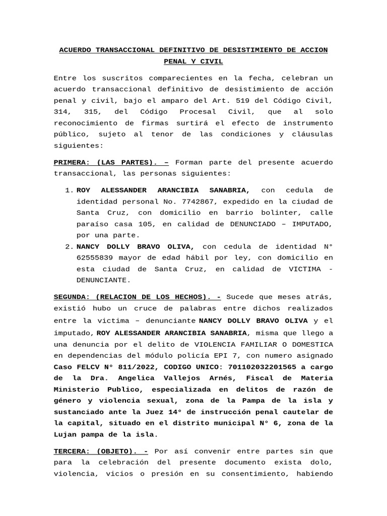 Acuerdo de Desistimiento Penal y Civil | PDF | Justicia | Crimen y ...