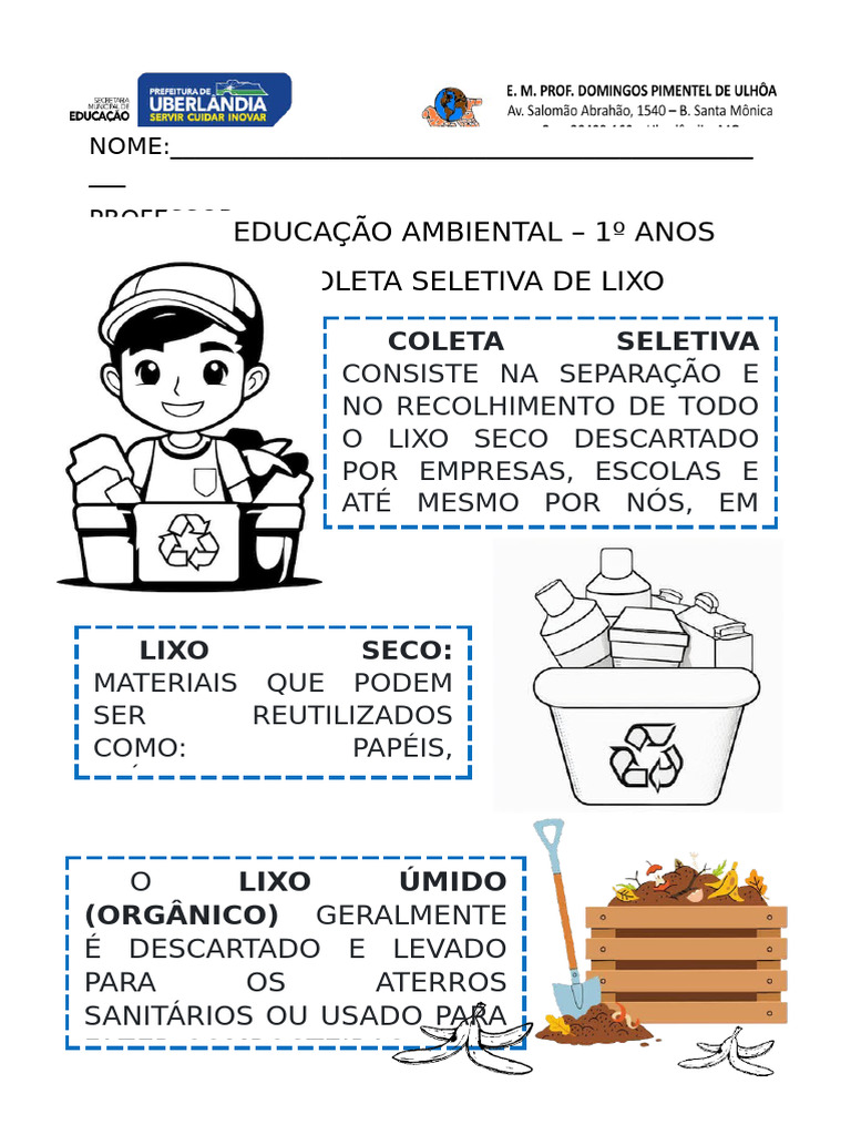 Atividades de Coleta Seletiva para 1º Ano | PDF