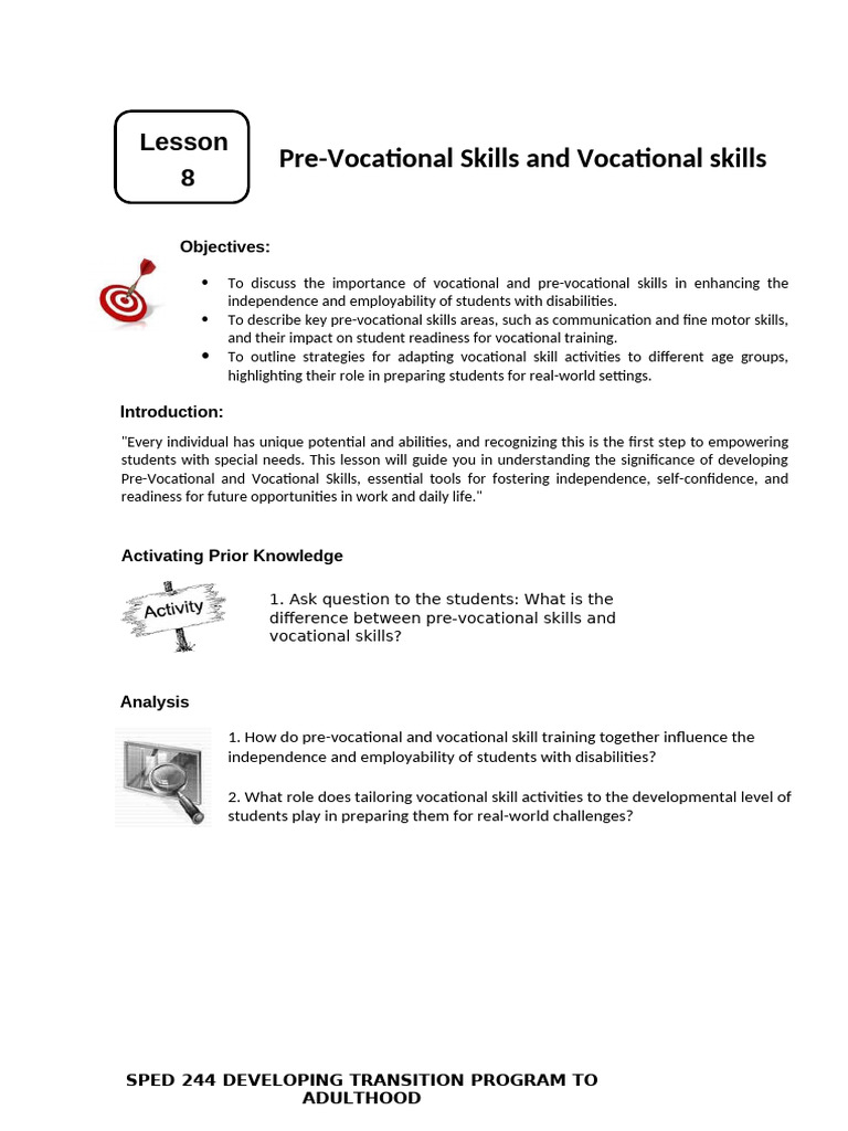 Lesson 8 Pre Vocational Skills And Vocational Skills Pdf Vocational
