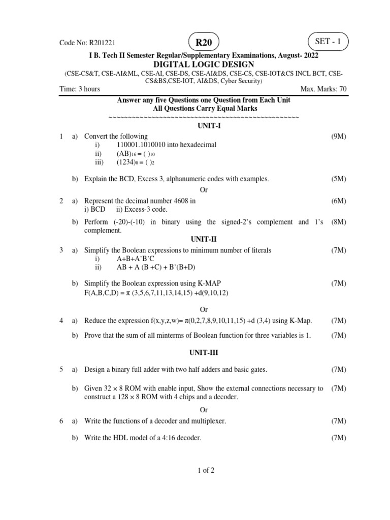 Digital Logic Design Exam Paper 2022 | PDF | Electronic Engineering ...