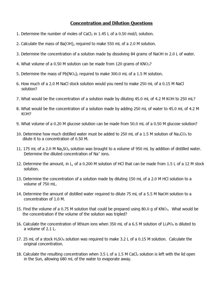 Concentration and Dilution Calculations | PDF | Concentration ...