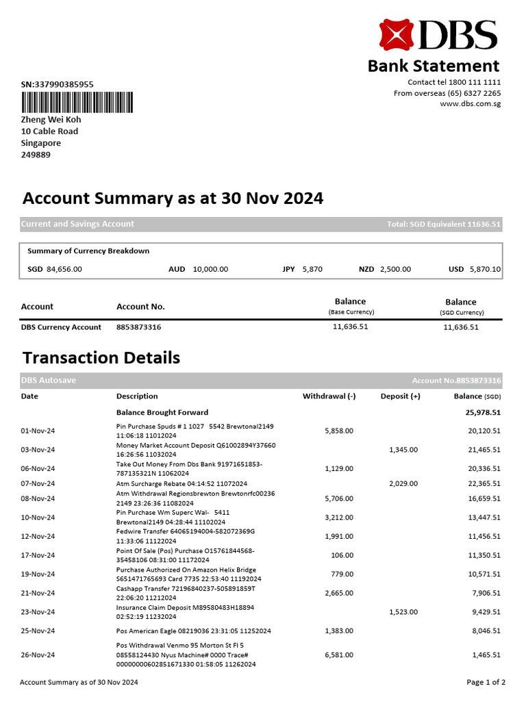 Account Summary and Transactions Nov 2024 | PDF | Debit Card | Banks