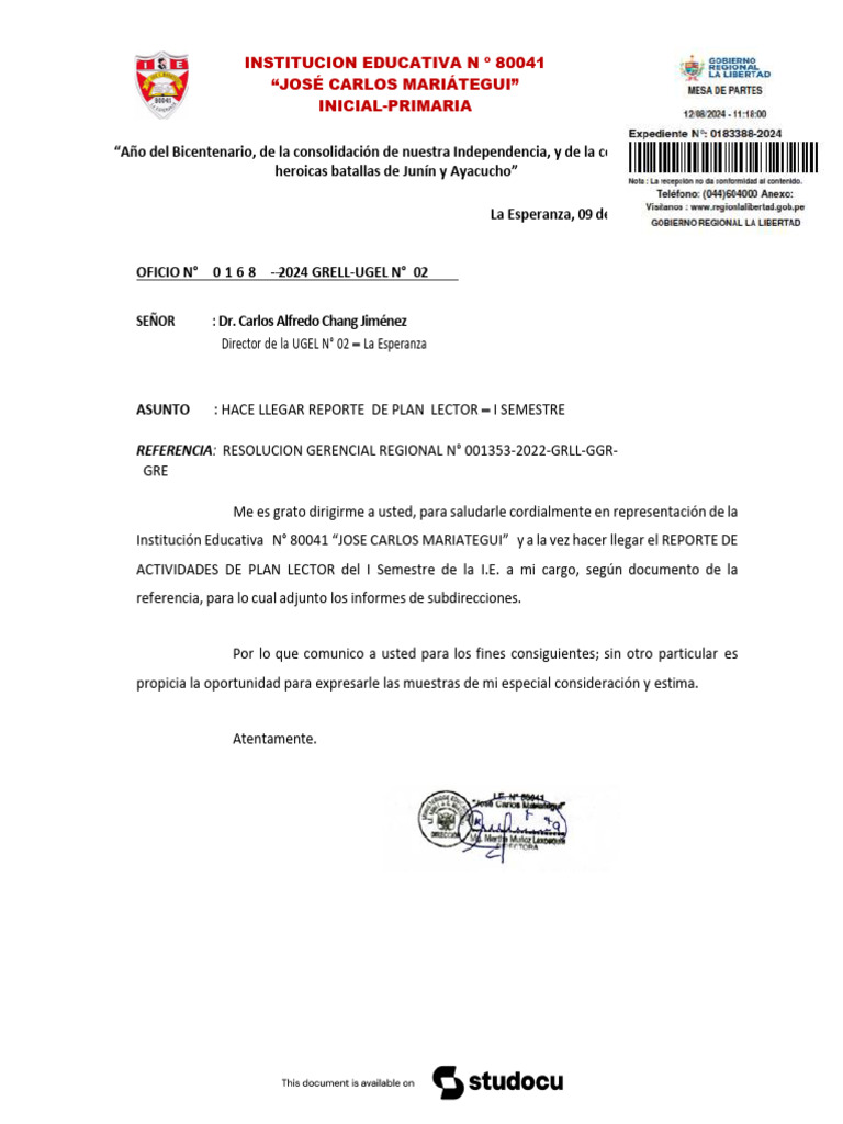 Informe Plan Lector 2024 80041 JCM | PDF | Comprensión lectora ...