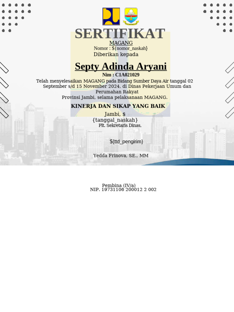 Sertifikat Septy Adinda Aryani UNJA | PDF