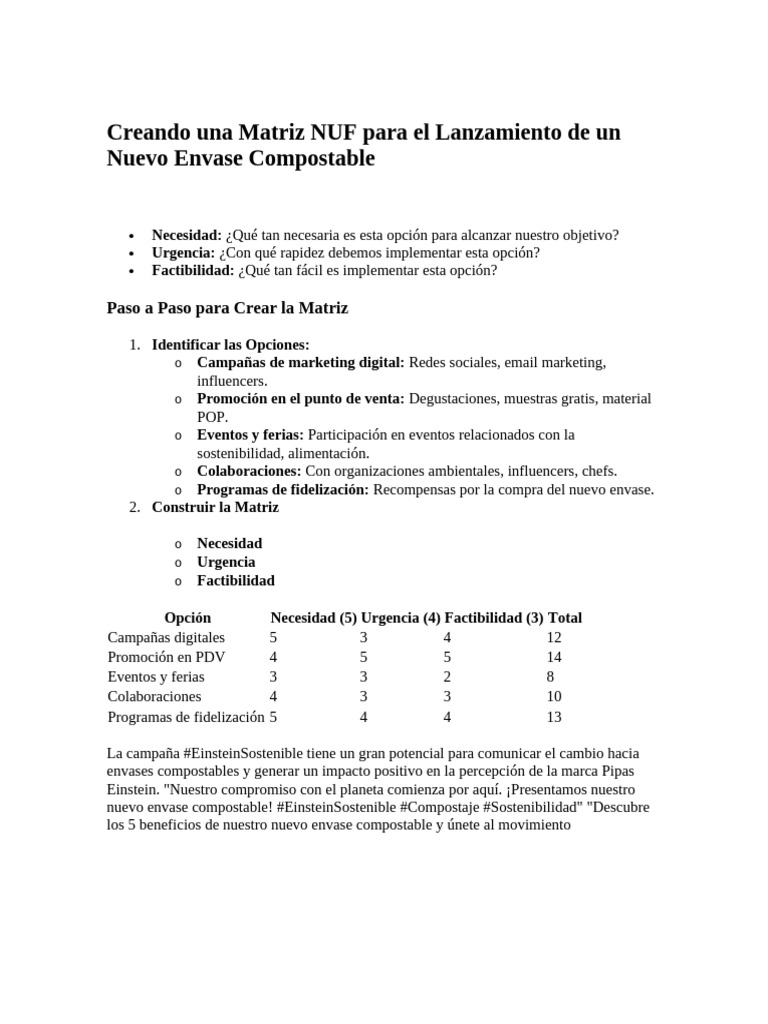 Creando Una Matriz NUF para El Lanzamiento de Un Nuevo Envase ...