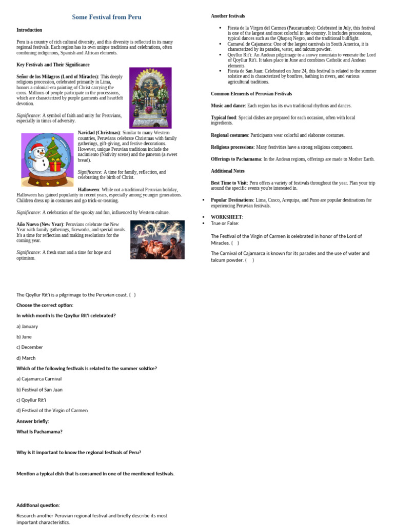Key Peruvian Festivals and Traditions | PDF | Peru | Carnival