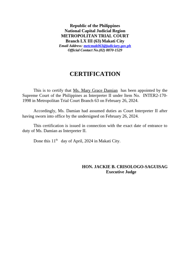 Certification of Court Interpreter Appointment | PDF