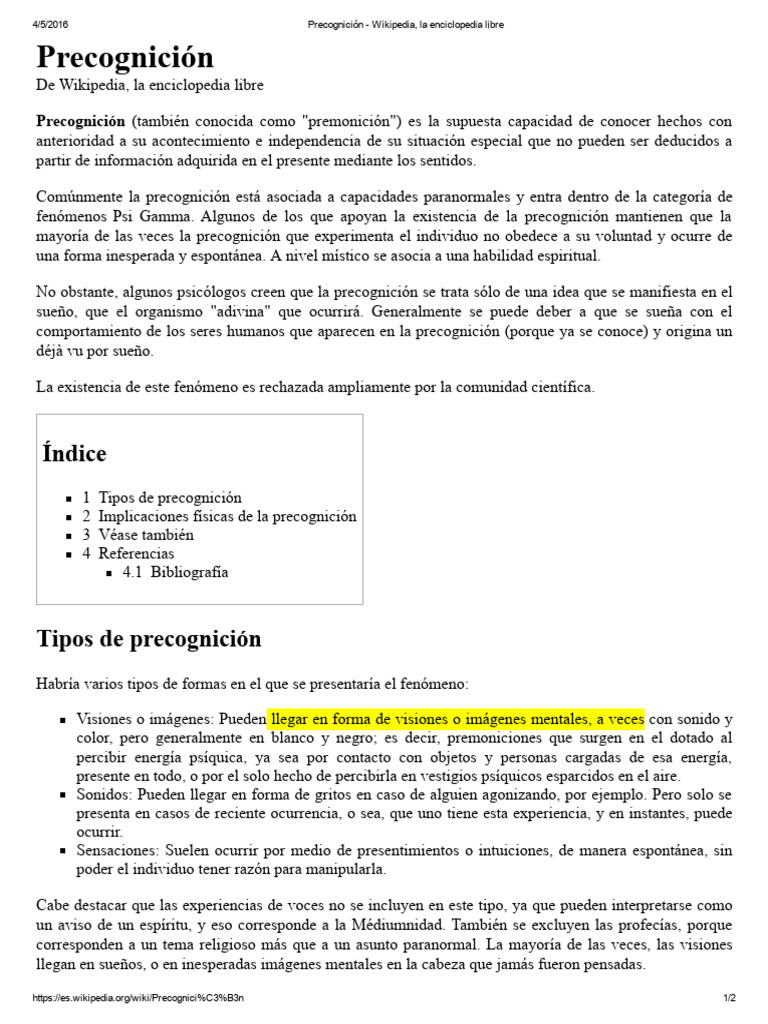 Precognición - Wikipedia, La Enciclopedia Libre | PDF