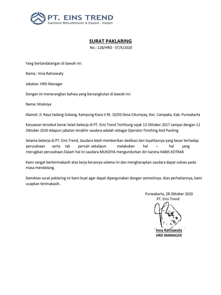 Surat Paklaring Karyawan PT. Eins Trend | PDF