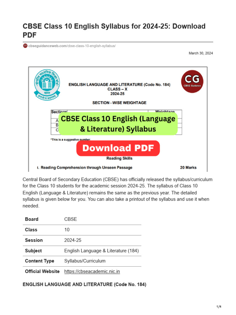 CBSE Class 10 English Syllabus 2024-25 | PDF | Reading Comprehension ...