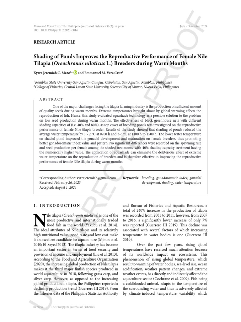 Shading Enhances Nile Tilapia Breeding | PDF | Water | Aquaculture