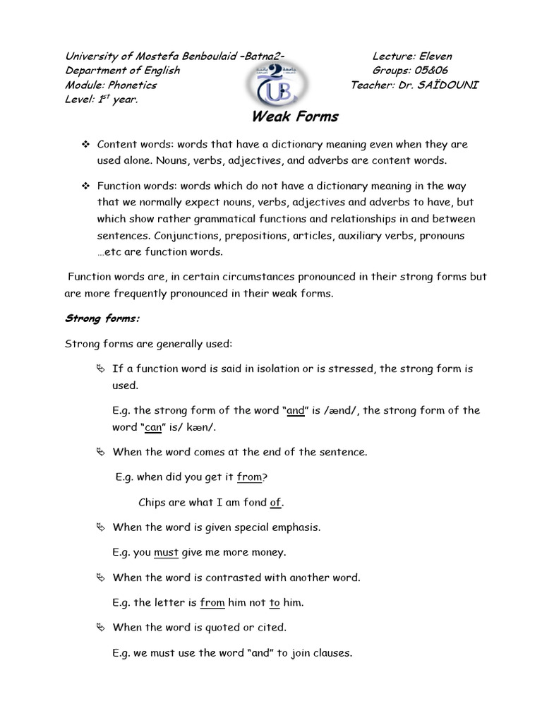 Understanding Weak Forms in English | PDF | Word | Adverb