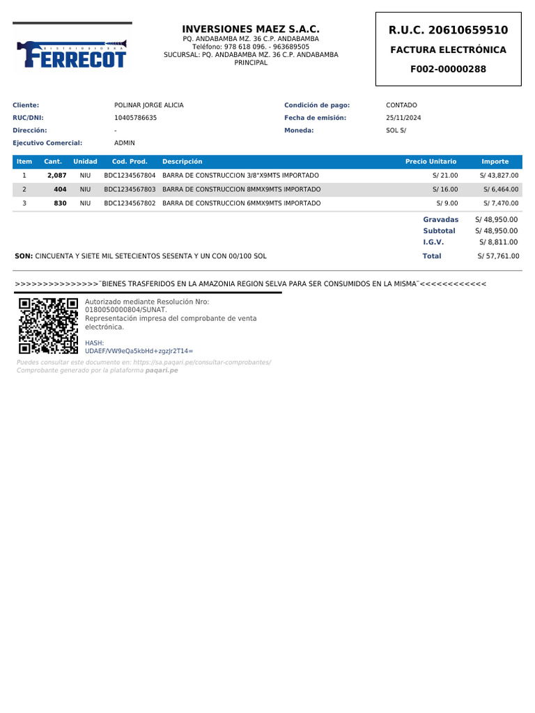 Inversiones Maez S.A.C.: Factura Electrónica F002-00000288 | PDF