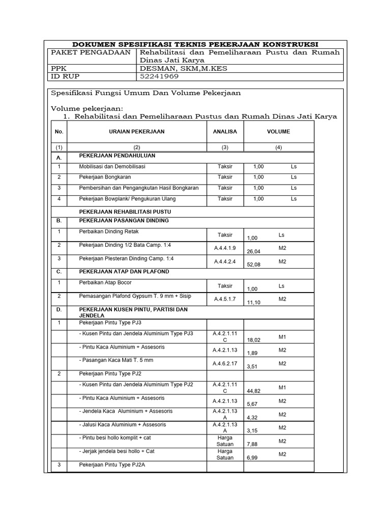 Spesifikasi Teknis Rehabilitasi Pustu | PDF