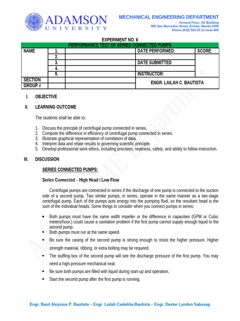 Experiment 6. Performance Test of Series Connected Pumps | PDF | Pump ...