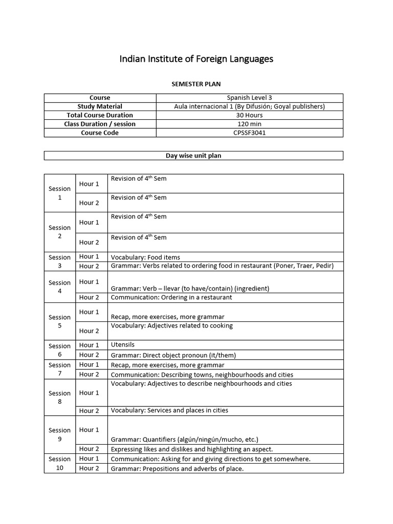 Spanish level 3 session plan 1 1 pdf verb grammatical tense