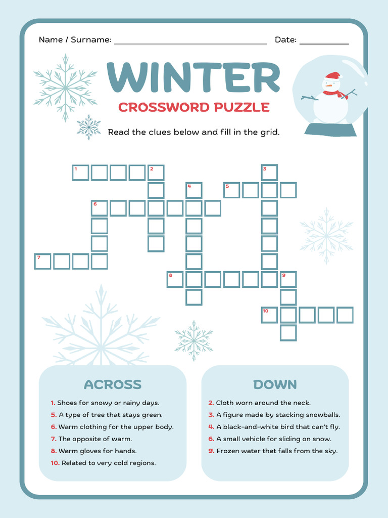 Winter crossword puzzle worksheet in grey blue cozy style | pdf | softlines  (retail) | fashion