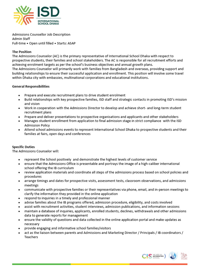 Admissions Counselor Job Opening at ISD | PDF | School Counselor ...