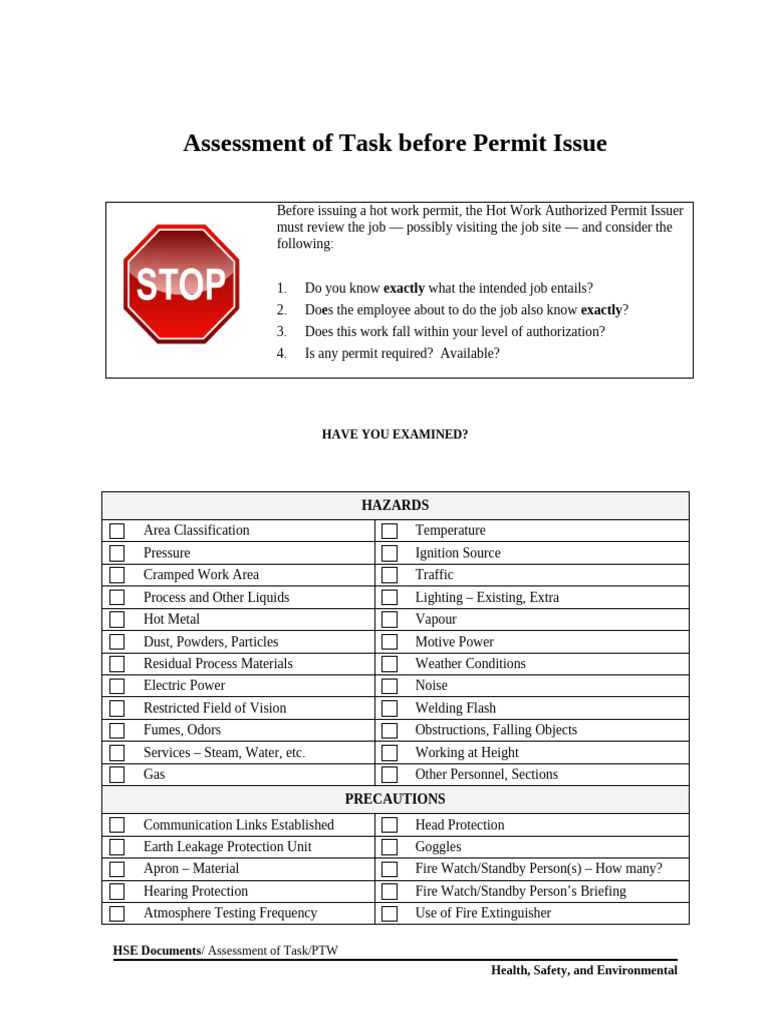 Hot Work Permit Assessment Checklist | PDF | Fires | Welding