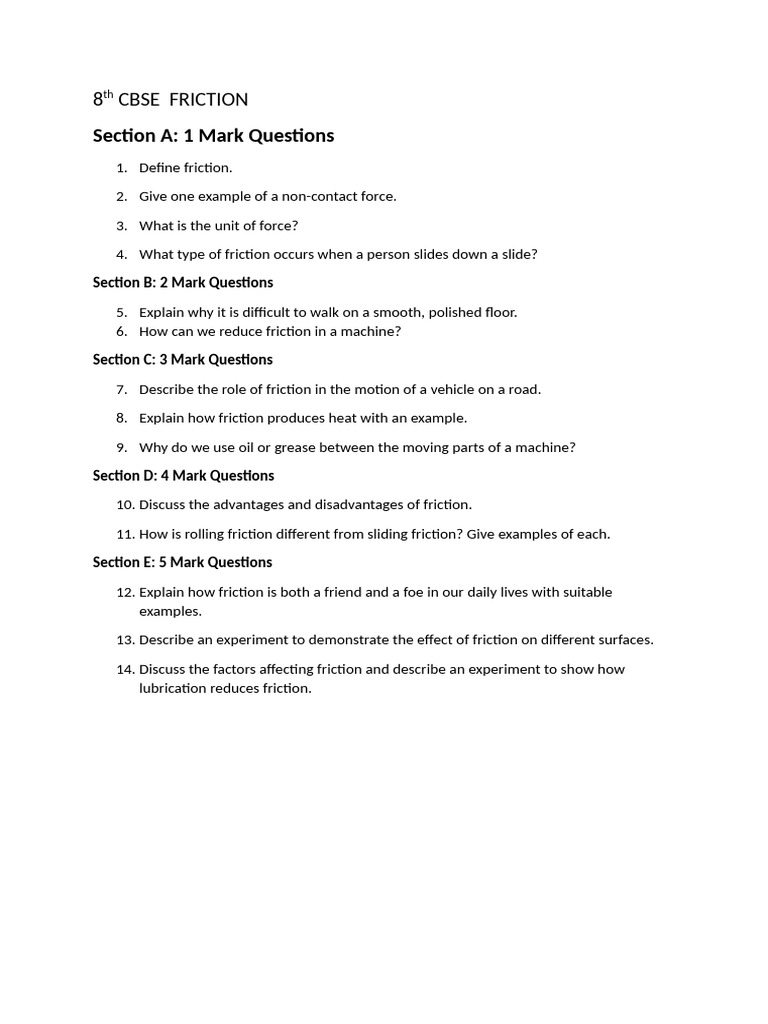 8th Grade CBSE Friction Questions Guide | PDF