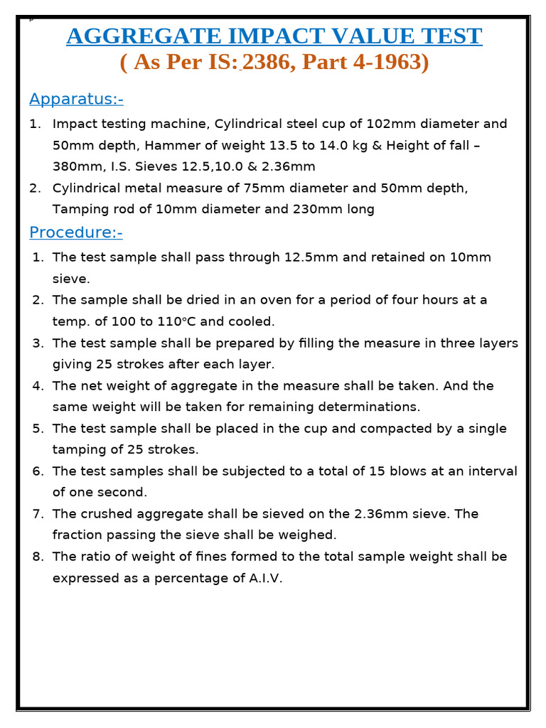 Aggregate Impact Value Test Procedure | PDF