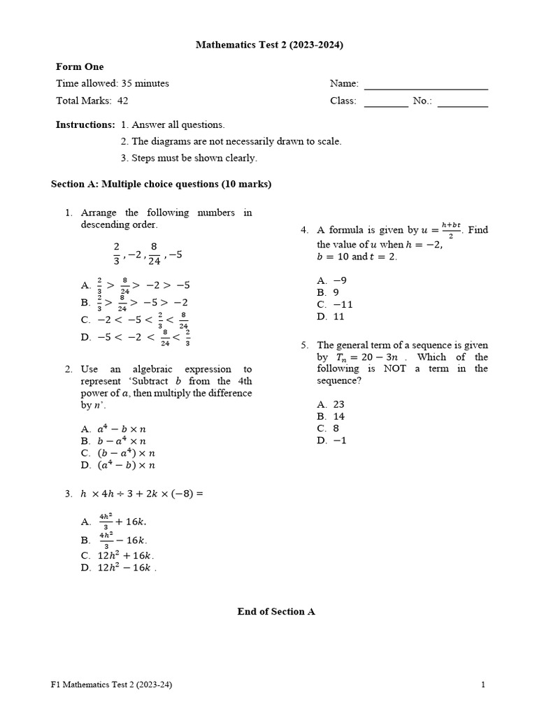 F1 Math Test 2 (23-24) | PDF | Mathematics