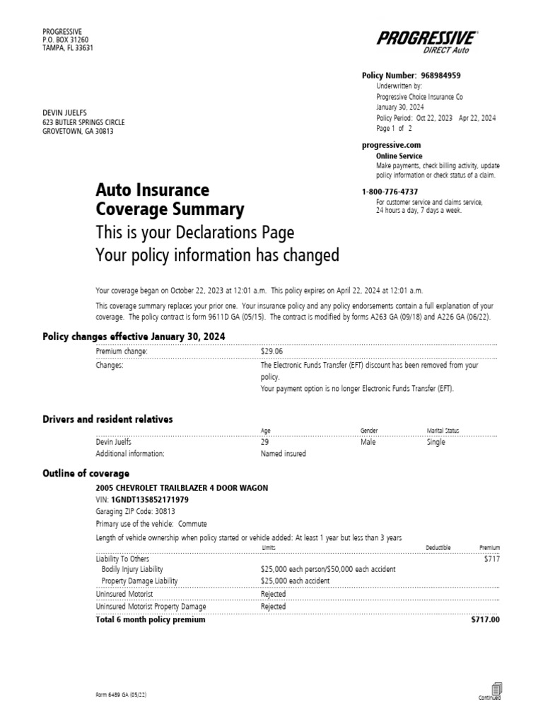 Progressive Insurance Declarations Page | PDF | Insurance | Financial Risk