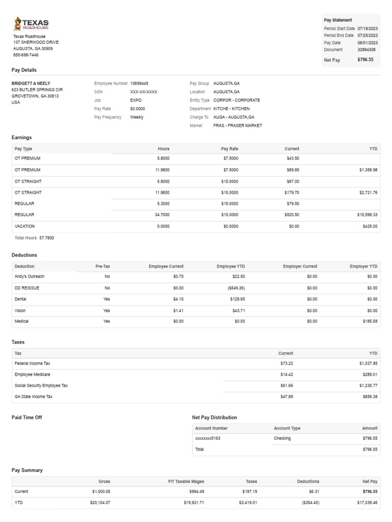 Texas Roadhouse Pay Statement Summary | PDF | Business | Economy Of The ...