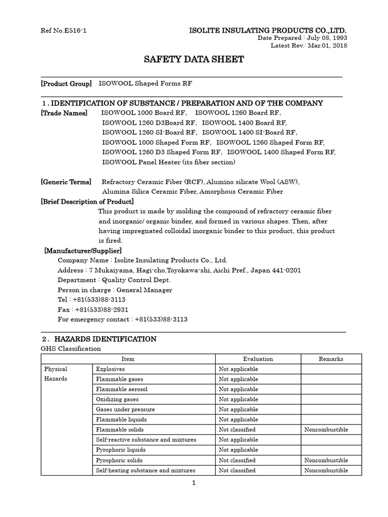 ISOWOOL Shaped Forms Safety Data Sheet | PDF | Toxicity | Occupational ...