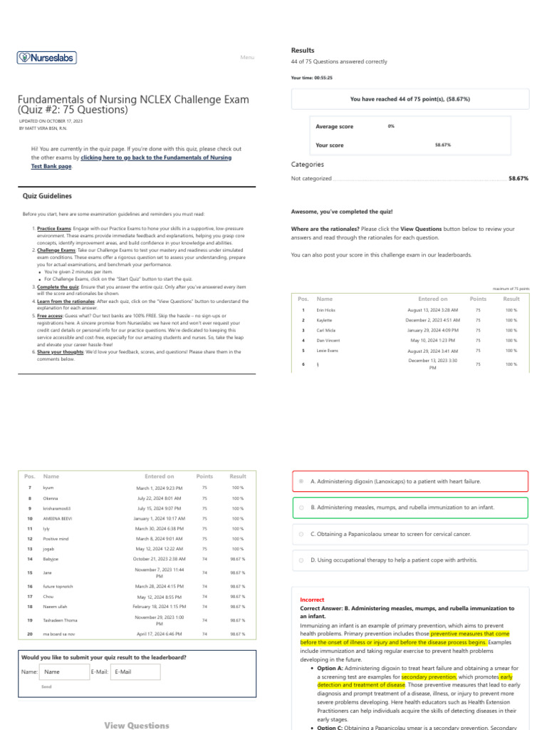 Fundamentals of Nursing NCLEX Challenge Exam (Quiz #2_ 75 Questions ...