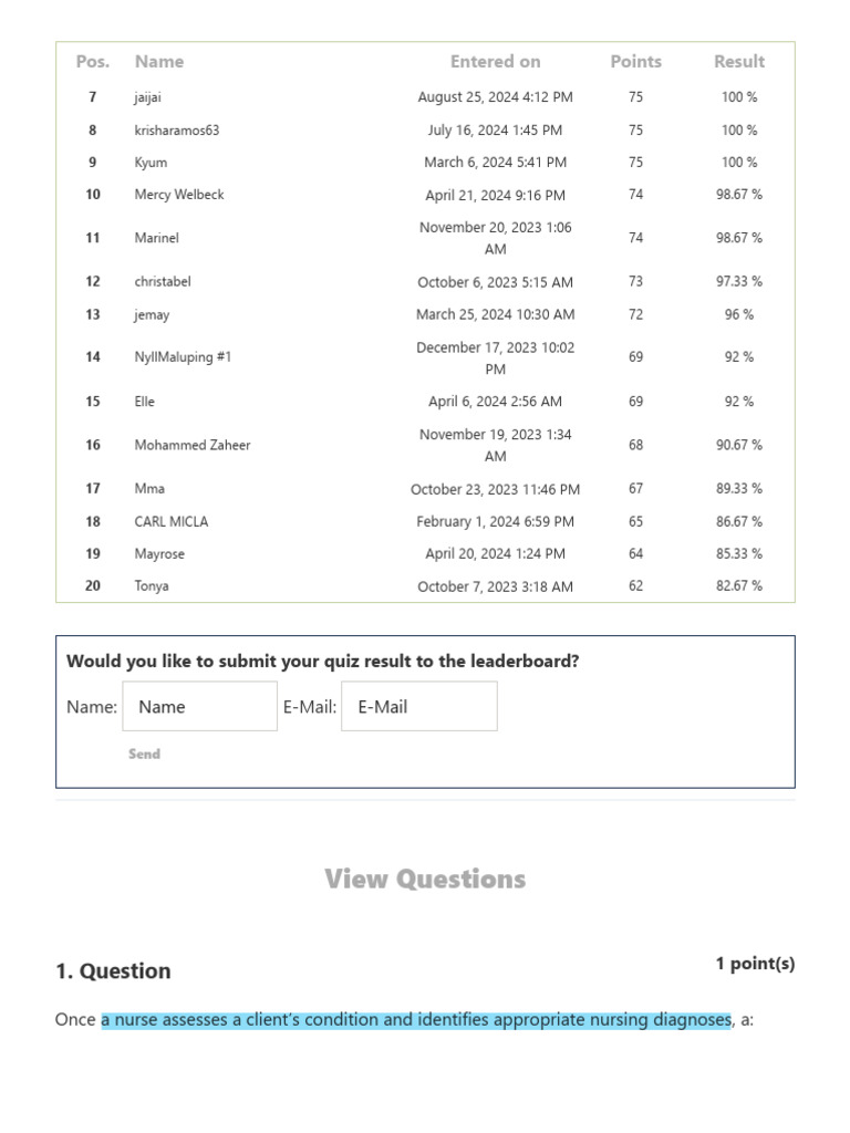 Fundamentals of Nursing NCLEX Challenge Exam (Quiz #5 - 75 Questions ...